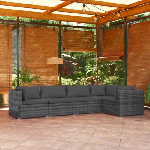 5-Piece Garden Lounge Set with Cushions Poly Rattan Wicker Outdoor Patio Furniture Grey - Image 2
