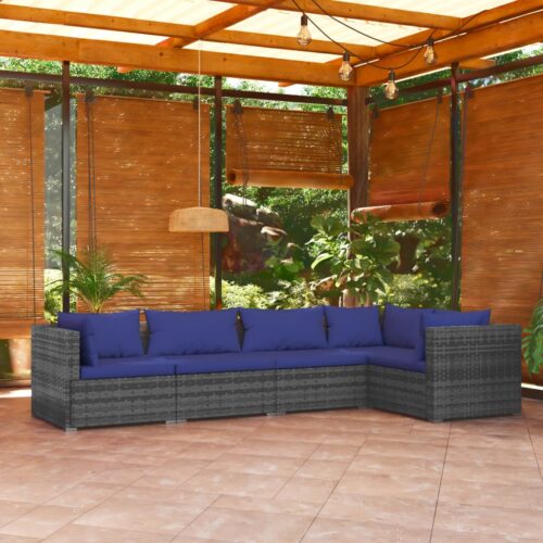 5-Piece Garden Lounge Set with Cushions Poly Rattan Wicker Outdoor Patio Furniture Grey - Image 2