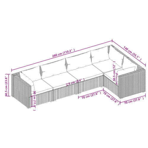 5-Piece Garden Lounge Set with Cushions Poly Rattan Wicker Outdoor Patio Furniture Grey - Image 5
