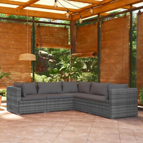 5-Piece Garden Lounge Set with Cushions Poly Rattan Wicker Outdoor Patio Furniture Grey - Image 2