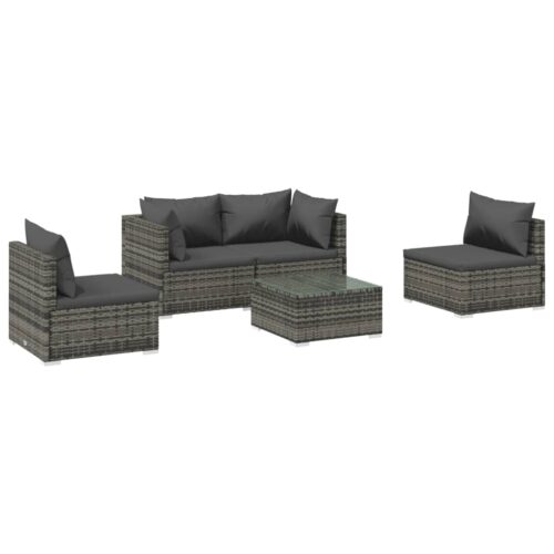 5-Piece Garden Lounge Set with Cushions Poly Rattan Wicker Outdoor Patio Furniture Grey