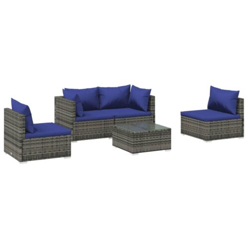 5-Piece Garden Lounge Set with Cushions Poly Rattan Wicker Outdoor Patio Furniture Grey