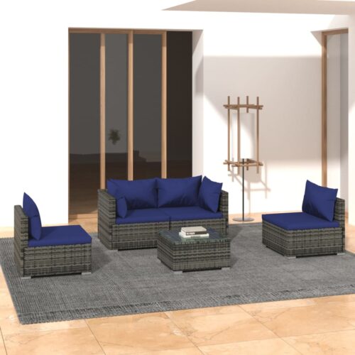 5-Piece Garden Lounge Set with Cushions Poly Rattan Wicker Outdoor Patio Furniture Grey - Image 2