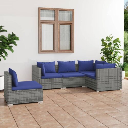 5-Piece Garden Lounge Set with Cushions Poly Rattan Wicker Outdoor Patio Furniture Grey - Image 2