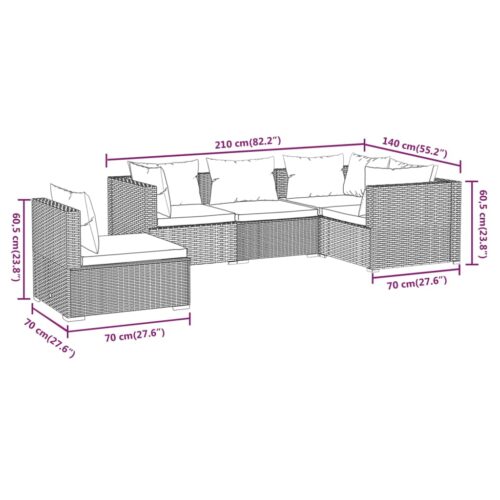 5-Piece Garden Lounge Set with Cushions Poly Rattan Wicker Outdoor Patio Furniture Grey - Image 7