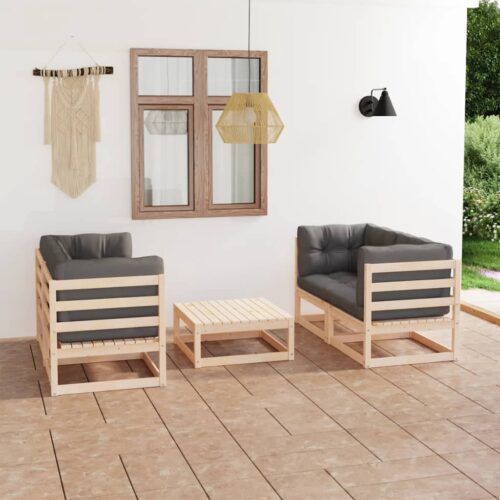 5-Piece Garden Lounge Set with Cushions Pine Wood Outdoor Patio Furniture - Image 2