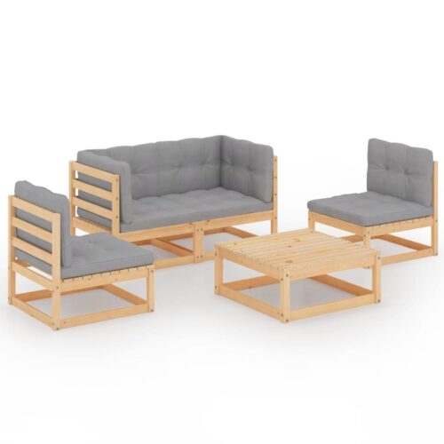 5-Piece Garden Lounge Set with Cushions Pine Wood Outdoor Patio Furniture