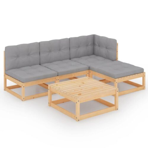 5-Piece Garden Lounge Set with Cushions Pine Wood Outdoor Patio Furniture
