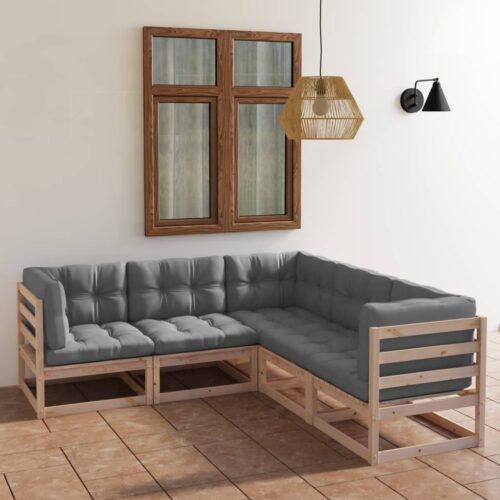 5-Piece Garden Lounge Set with Cushions Pine Wood Outdoor Patio Furniture - Image 2
