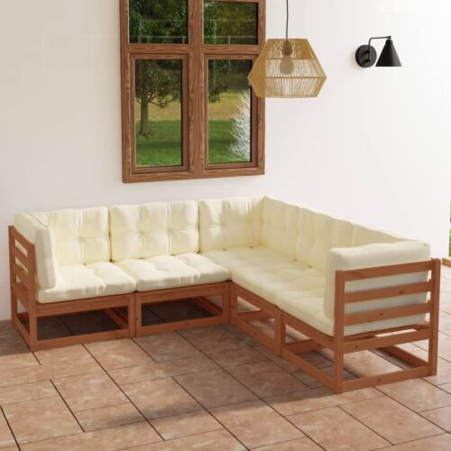5-Piece Garden Lounge Set with Cushions Pine Wood Outdoor Patio Furniture - Image 2
