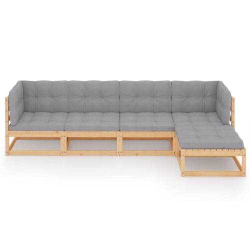 5-Piece Garden Lounge Set with Cushions Pine Wood Outdoor Patio Furniture - Image 3