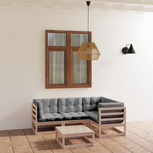 5-Piece Garden Lounge Set with Cushions Pine Wood Outdoor Patio Furniture - Image 2