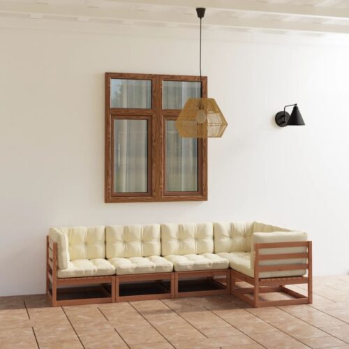 5-Piece Garden Lounge Set with Cushions Pine Wood Outdoor Patio Furniture - Image 2
