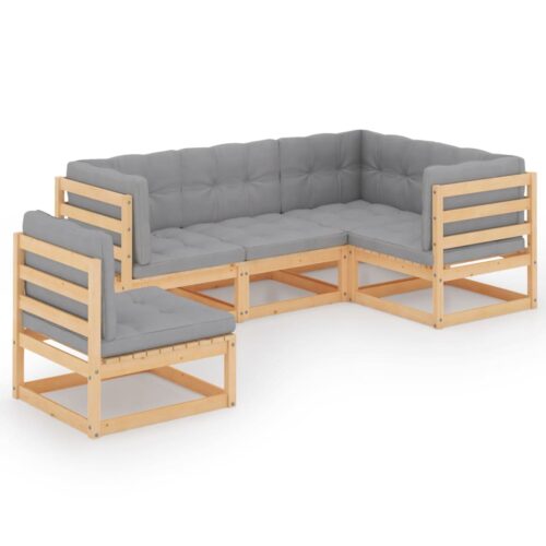 5-Piece Garden Lounge Set with Cushions Pine Wood Outdoor Patio Furniture
