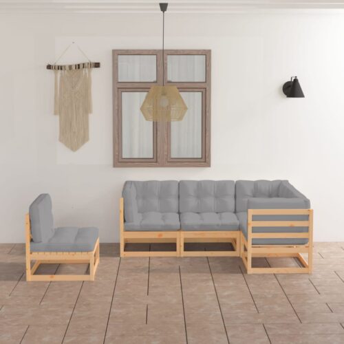 5-Piece Garden Lounge Set with Cushions Pine Wood Outdoor Patio Furniture - Image 2