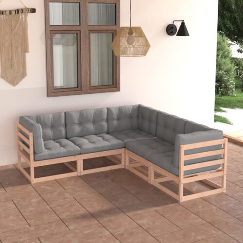 5-Piece Garden Lounge Set with Cushions Pine Wood Outdoor Patio Furniture - Image 2