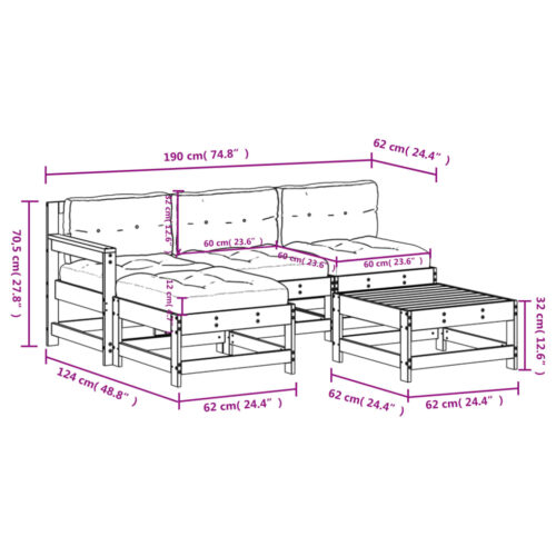 5-Piece Garden Lounge Set with Cushions White Wood Timber Outdoor Patio Furniture - Image 9