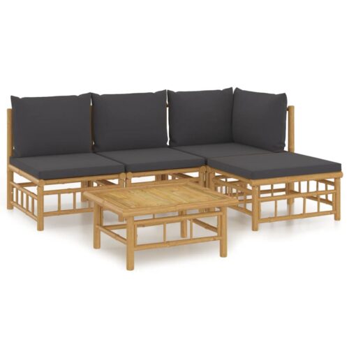 5-Piece Garden Lounge Set with Dark Grey Cushions Bamboo