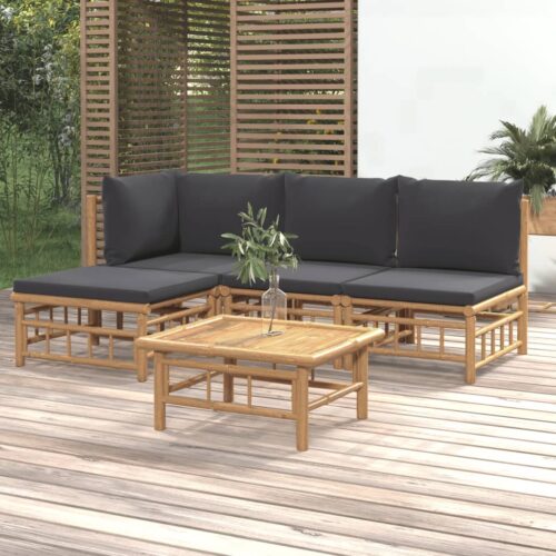 5-Piece Garden Lounge Set with Dark Grey Cushions Bamboo - Image 2