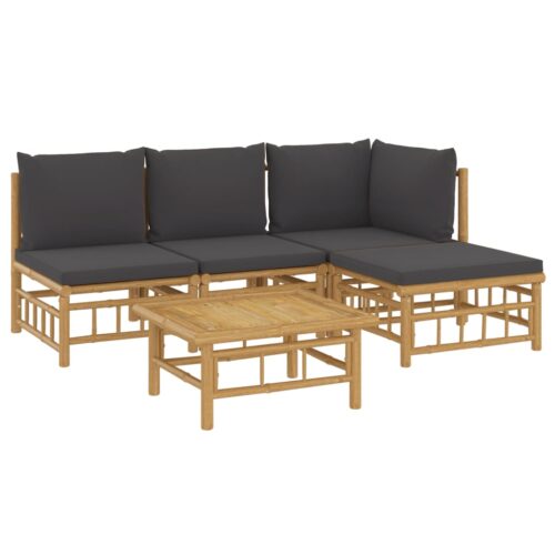 5-Piece Garden Lounge Set with Dark Grey Cushions Bamboo - Image 3
