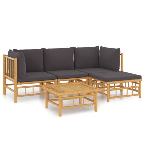 5-Piece Garden Lounge Set with Dark Grey Cushions Bamboo