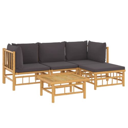 5-Piece Garden Lounge Set with Dark Grey Cushions Bamboo - Image 3