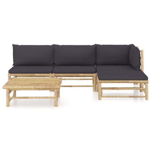 5-Piece Garden Lounge Set with Dark Grey Cushions Bamboo - Image 3