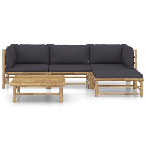 5-Piece Garden Lounge Set with Dark Grey Cushions Bamboo - Image 12