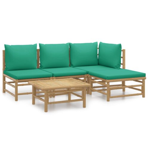 5-Piece Garden Lounge Set with Green Cushions Bamboo