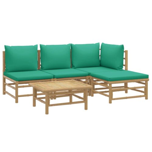 5-Piece Garden Lounge Set with Green Cushions Bamboo - Image 3