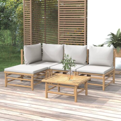 5-Piece Garden Lounge Set with Light Grey Cushions Bamboo - Image 2