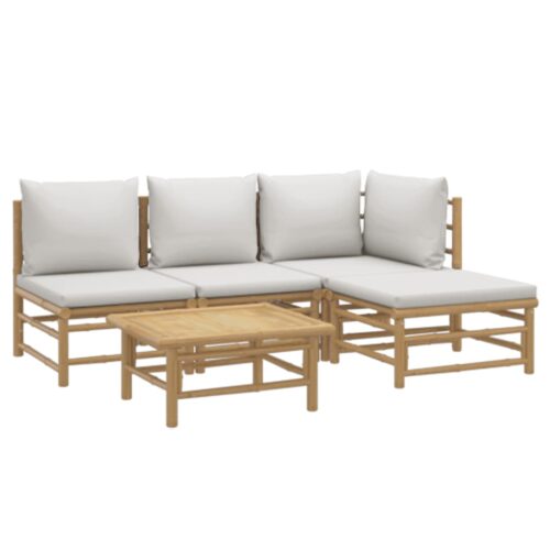 5-Piece Garden Lounge Set with Light Grey Cushions Bamboo - Image 3