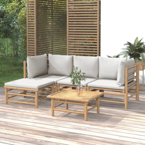 5-Piece Garden Lounge Set with Light Grey Cushions Bamboo - Image 2