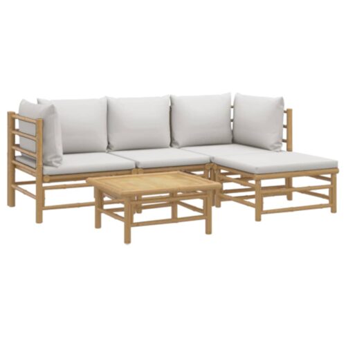 5-Piece Garden Lounge Set with Light Grey Cushions Bamboo - Image 3