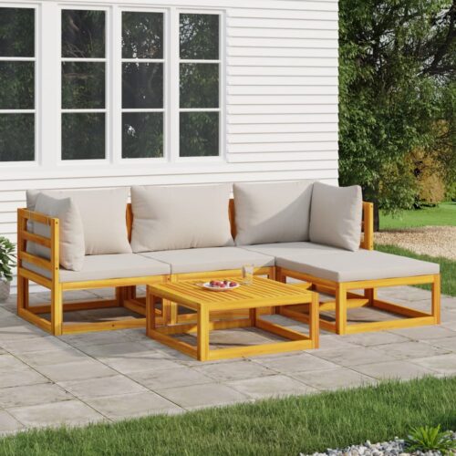5-Piece Garden Lounge Set with Light Grey Cushions Wood Timber Outdoor Patio Furniture - Image 2