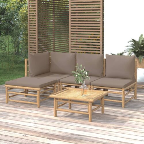 5-Piece Garden Lounge Set with Taupe Cushions Bamboo - Image 2