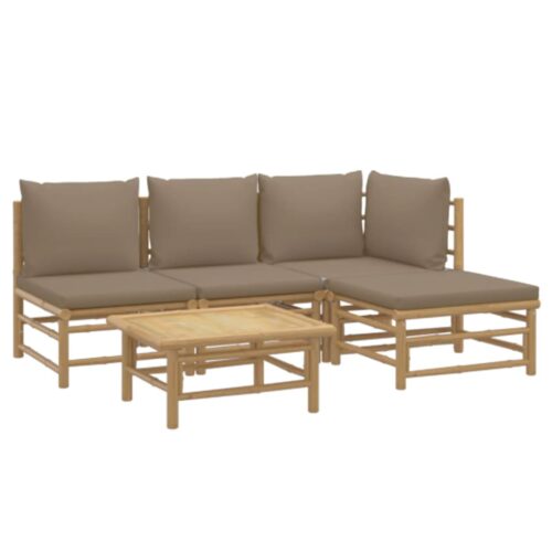 5-Piece Garden Lounge Set with Taupe Cushions Bamboo - Image 3