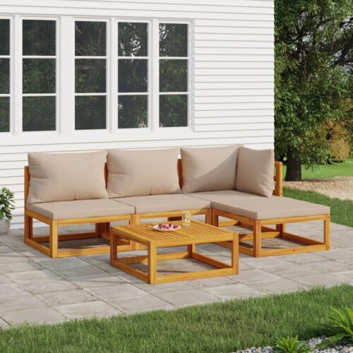 5-Piece Garden Lounge Set with Taupe Cushions Wood Timber Outdoor Patio Furniture - Image 2