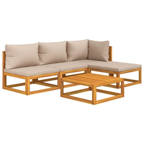 5-Piece Garden Lounge Set with Taupe Cushions Wood Timber Outdoor Patio Furniture - Image 3
