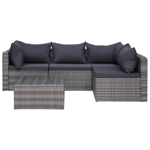 5-Piece Garden Sofa Set with Cushions & Pillows Poly Rattan Wicker Outdoor Patio Furniture Grey - Image 2