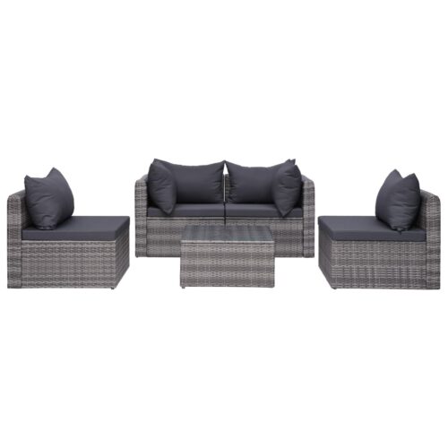 5-Piece Garden Sofa Set with Cushions & Pillows Poly Rattan Wicker Outdoor Patio Furniture Grey - Image 4