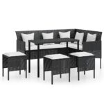 5-Piece L-shaped Couch Sofa Set with Cushions Poly Rattan Wicker Outdoor Patio Furniture Black