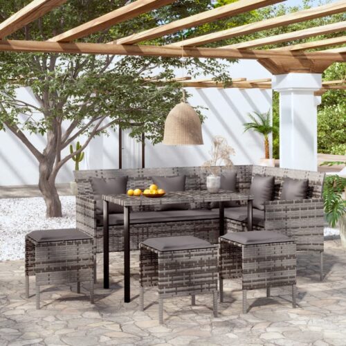 5-Piece L-shaped Couch Sofa Set with Cushions Poly Rattan Wicker Outdoor Patio Furniture Grey - Image 2