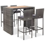 5-Piece Outdoor Bar Set Poly Rattan Wicker Outdoor Patio Furniture Acacia Wood Grey