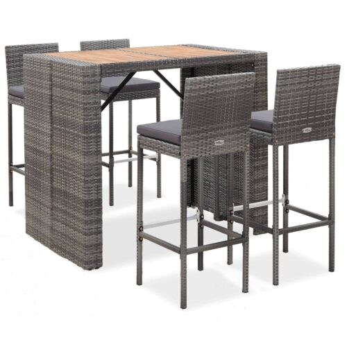 5-Piece Outdoor Bar Set Poly Rattan Wicker Outdoor Patio Furniture Acacia Wood Grey