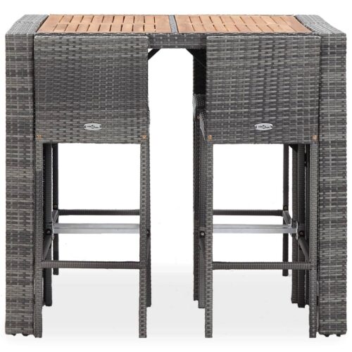 5-Piece Outdoor Bar Set Poly Rattan Wicker Outdoor Patio Furniture Acacia Wood Grey - Image 3