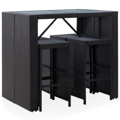 5-Piece Outdoor Bar Set Poly Rattan Wicker Outdoor Patio Furniture Glass Black