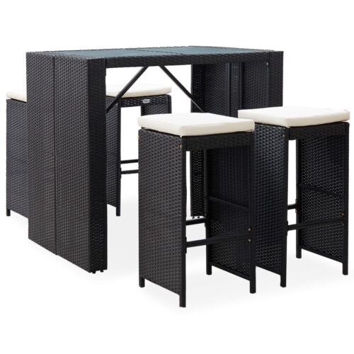 5-Piece Outdoor Bar Set Poly Rattan Wicker Outdoor Patio Furniture Glass Black - Image 2