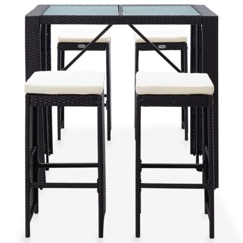 5-Piece Outdoor Bar Set Poly Rattan Wicker Outdoor Patio Furniture Glass Black - Image 3