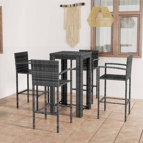 5-Piece Outdoor Bar Set with Armrest Poly Rattan Wicker Outdoor Patio Furniture Grey - Image 2